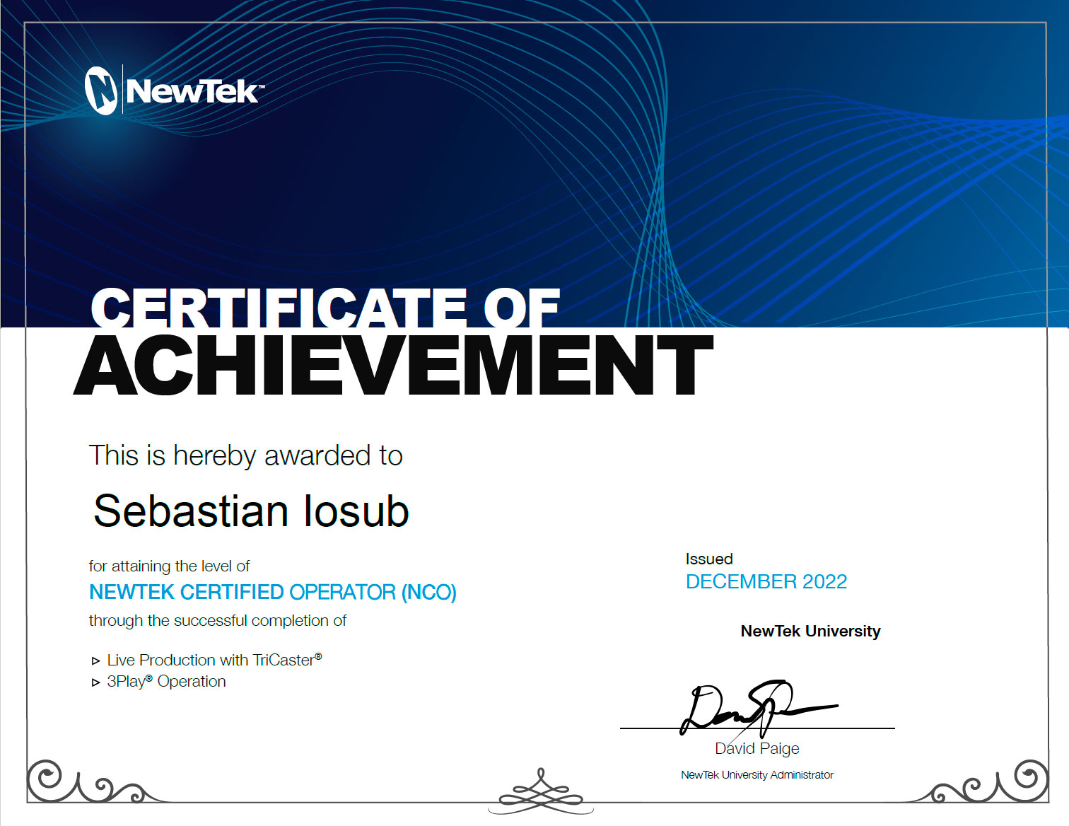 NewTek Certified Operator